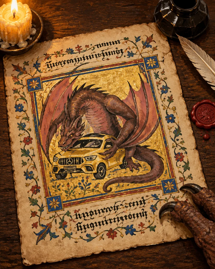 A medieval manuscript illumination of the dragon embracing the car