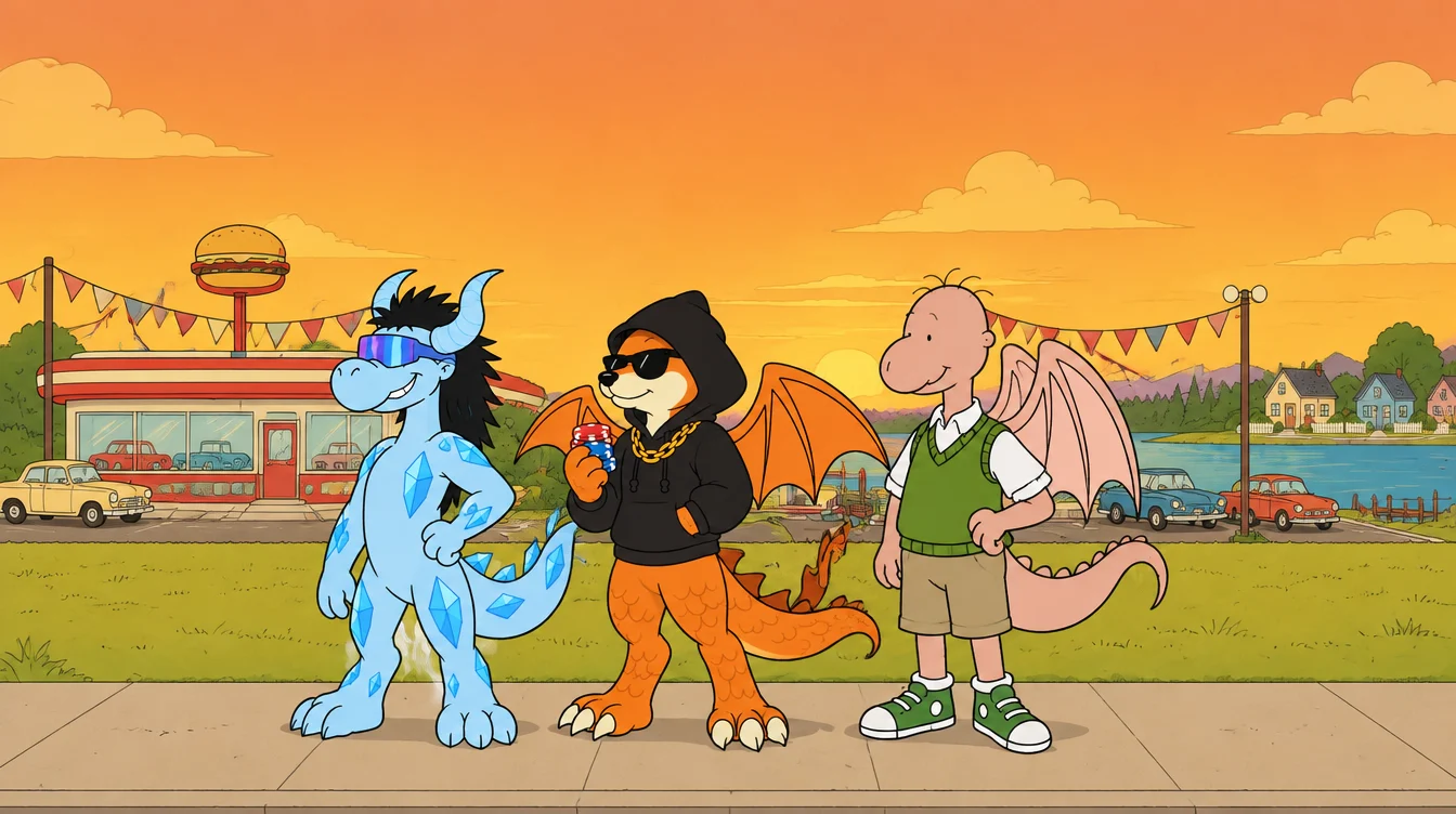 The Patty, rugdalio and Doug dragons on the showroom roof
